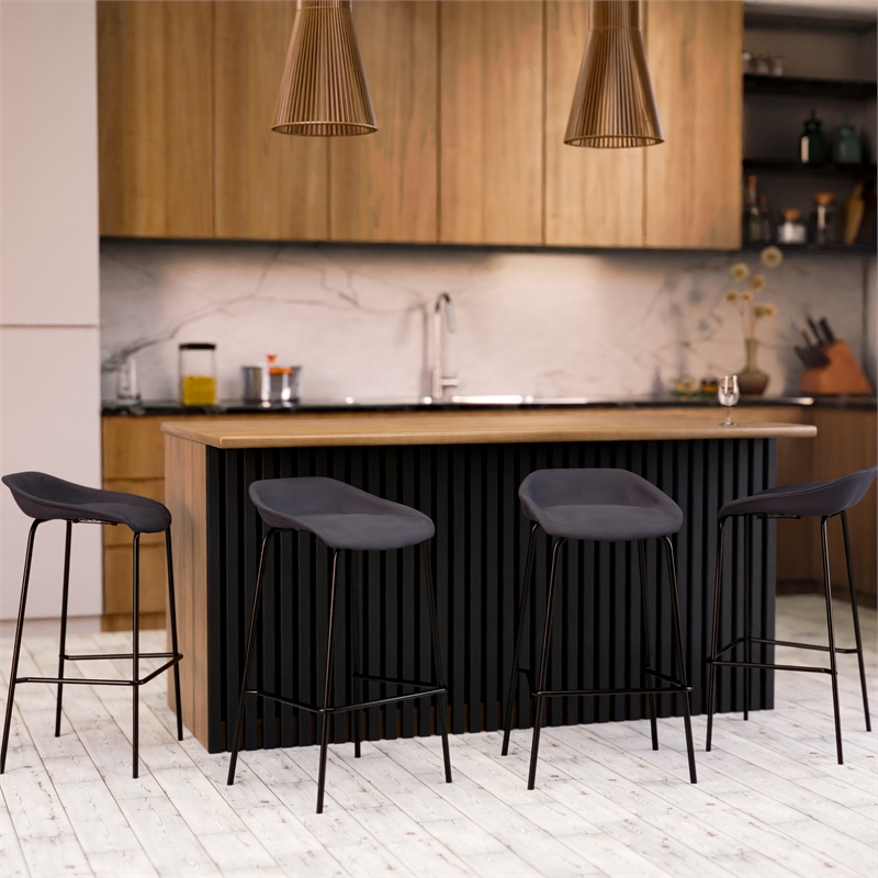 LeisureMod Servos Barstool with Faux Leather Seat and Iron Frame Black