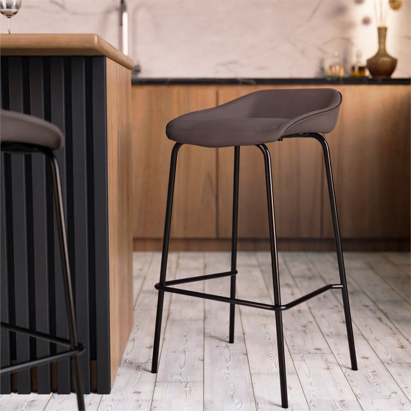 LeisureMod Servos Barstool with Faux Leather Seat and Iron Frame Elephant Gray