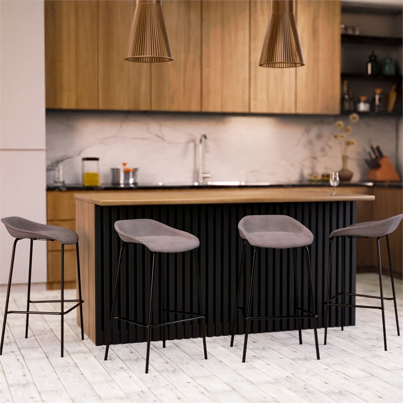 LeisureMod Servos Barstool with Faux Leather Seat and Iron Frame Light Gray