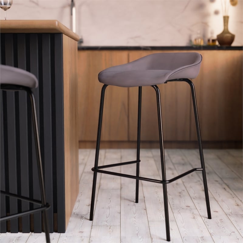 LeisureMod Servos Barstool with Faux Leather Seat and Iron Frame Light Gray