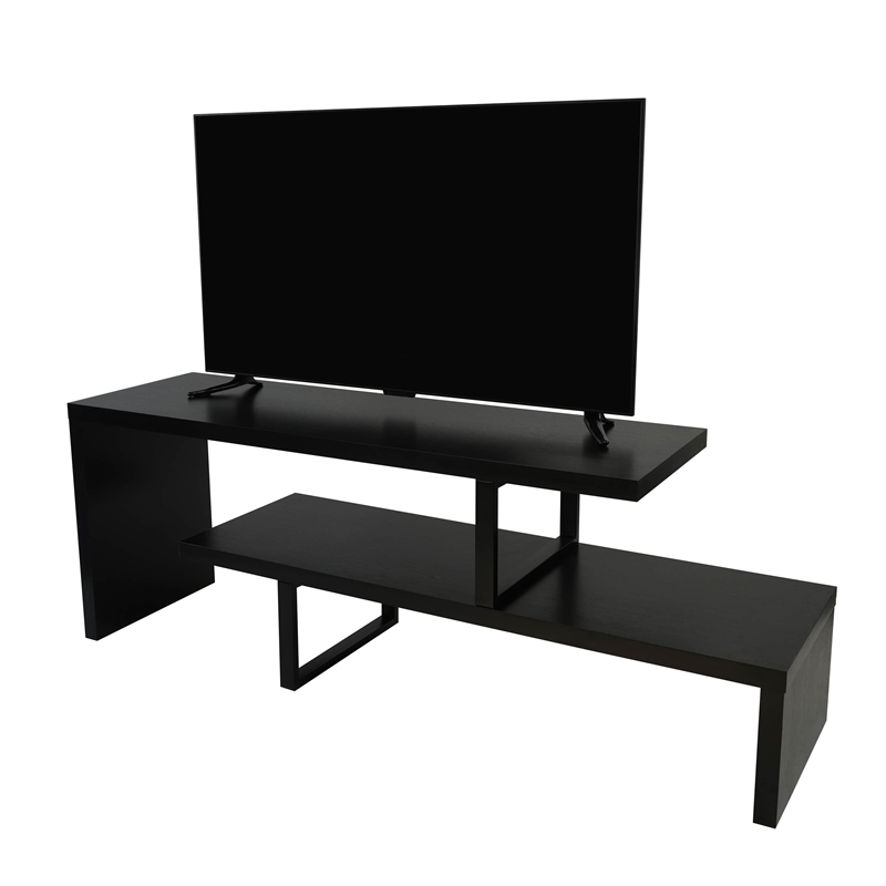 LeisureMod Orford TV Stand with Wood Shelves and Iron Legs Ebony