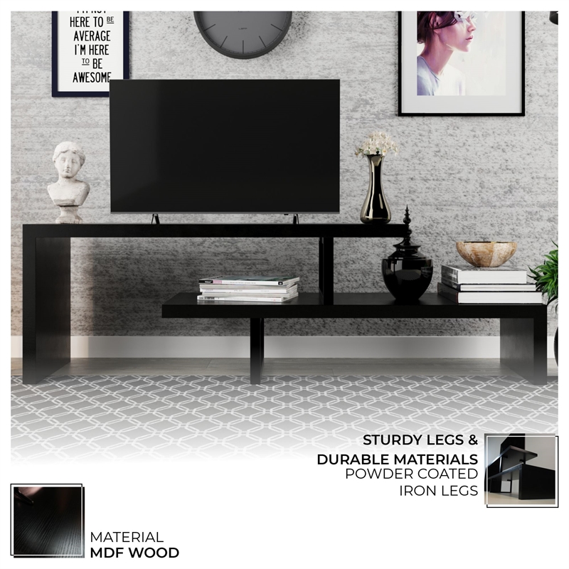 LeisureMod Orford TV Stand with Wood Shelves and Iron Legs Ebony