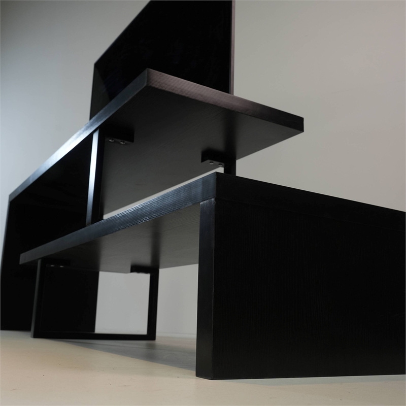 LeisureMod Orford TV Stand with Wood Shelves and Iron Legs Ebony