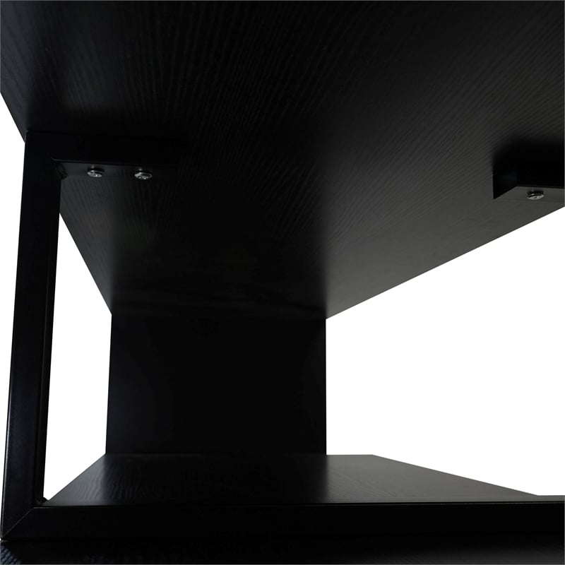 LeisureMod Orford TV Stand with Wood Shelves and Iron Legs Ebony