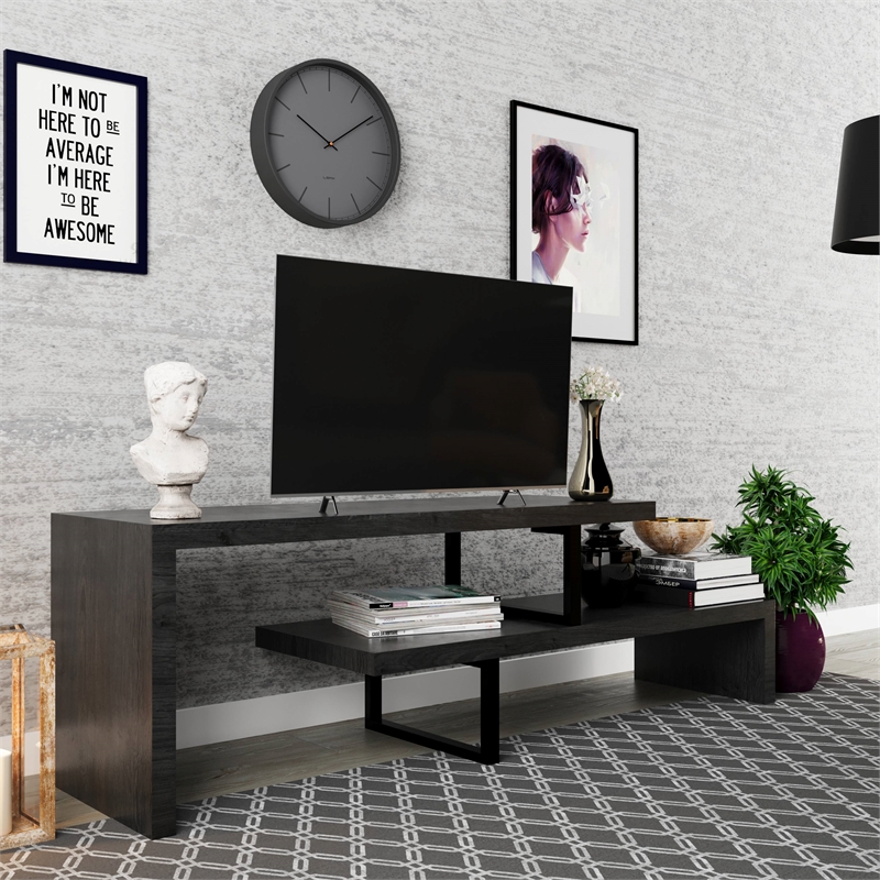 LeisureMod Orford TV Stand with Wood Shelves and Iron Legs Phantom Gray