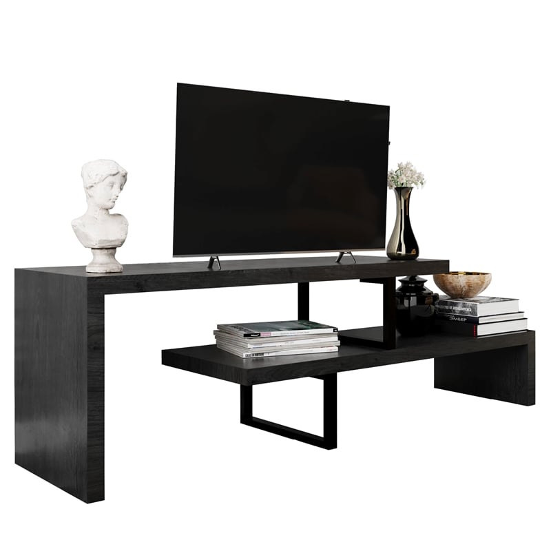 LeisureMod Orford TV Stand with Wood Shelves and Iron Legs Phantom Gray
