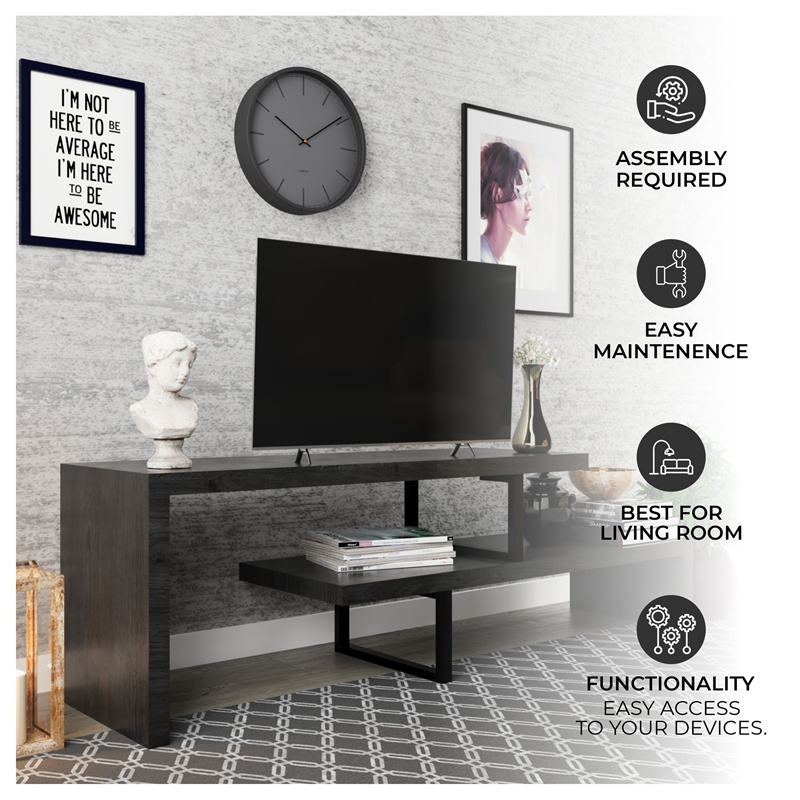 LeisureMod Orford TV Stand with Wood Shelves and Iron Legs Phantom Gray