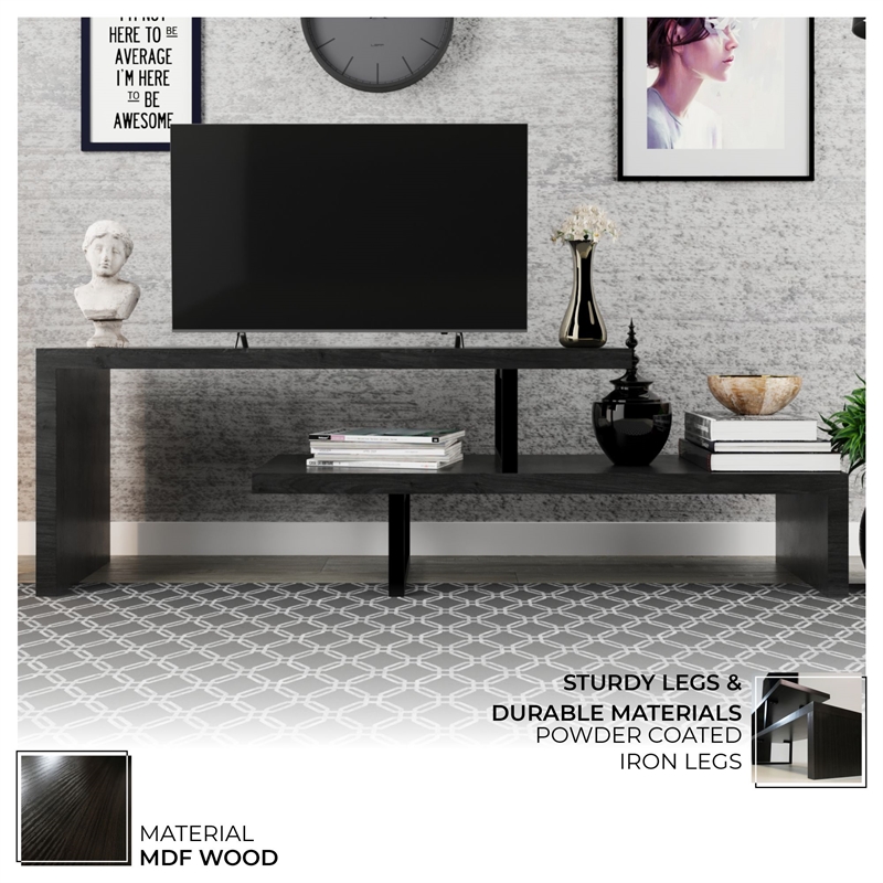 LeisureMod Orford TV Stand with Wood Shelves and Iron Legs Phantom Gray