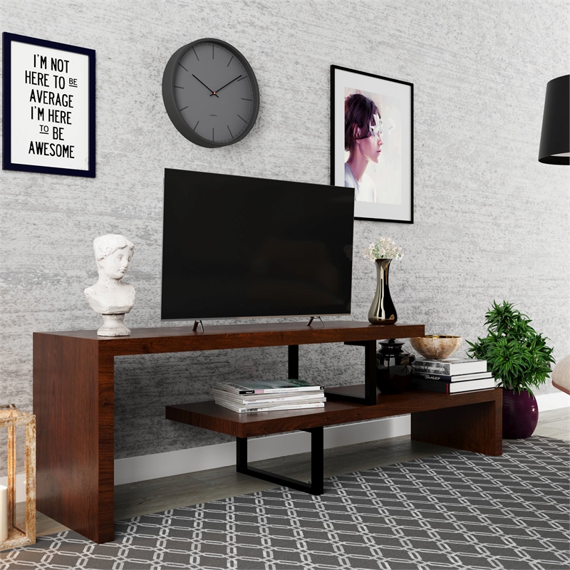 LeisureMod Orford TV Stand with Wood Shelves and Iron Legs Walnut