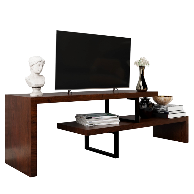 LeisureMod Orford TV Stand with Wood Shelves and Iron Legs Walnut