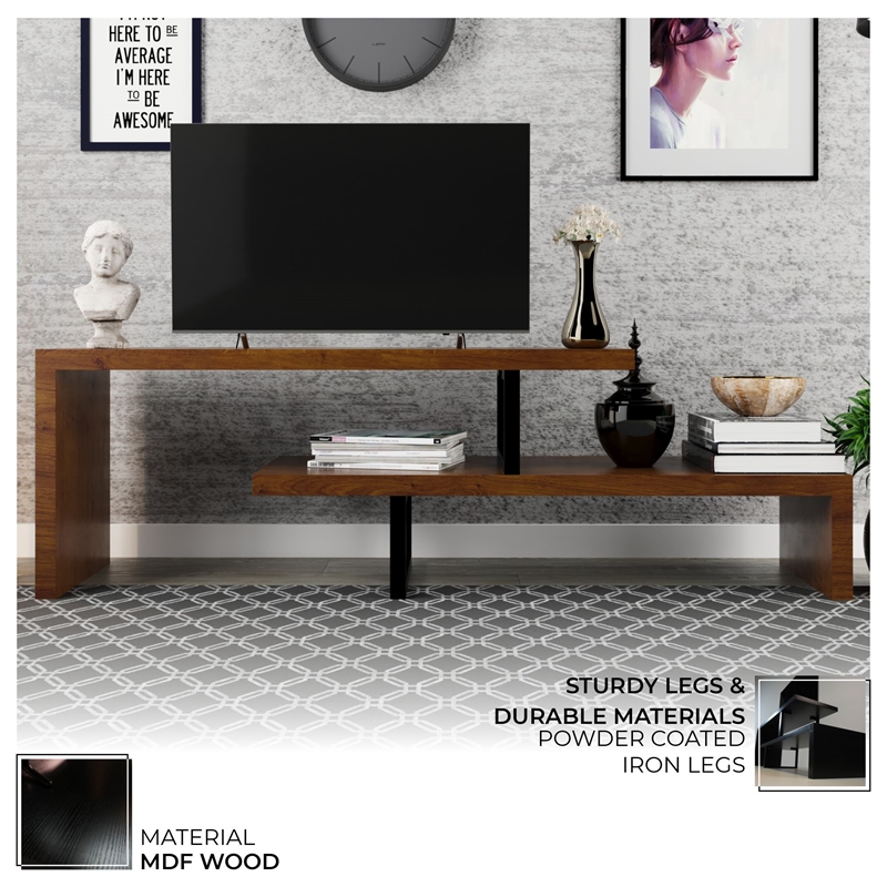 LeisureMod Orford TV Stand with Wood Shelves and Iron Legs Walnut