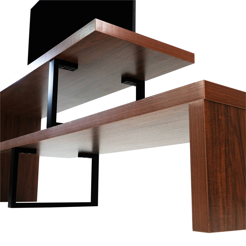 LeisureMod Orford TV Stand with Wood Shelves and Iron Legs Walnut