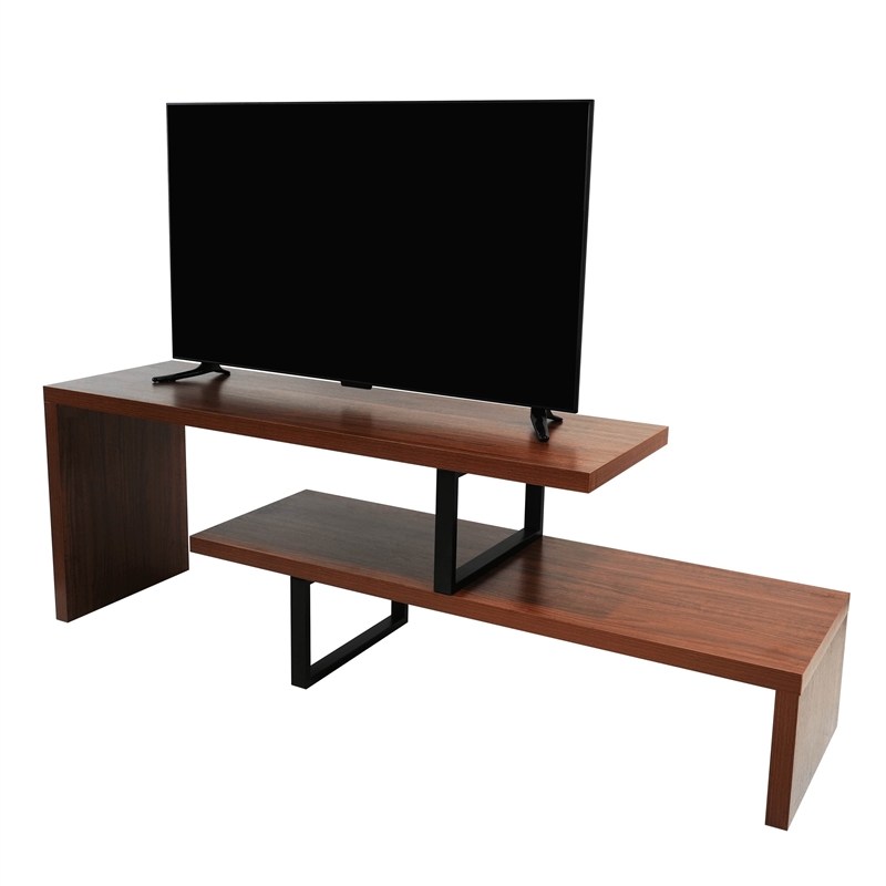 LeisureMod Orford TV Stand with Wood Shelves and Iron Legs Walnut
