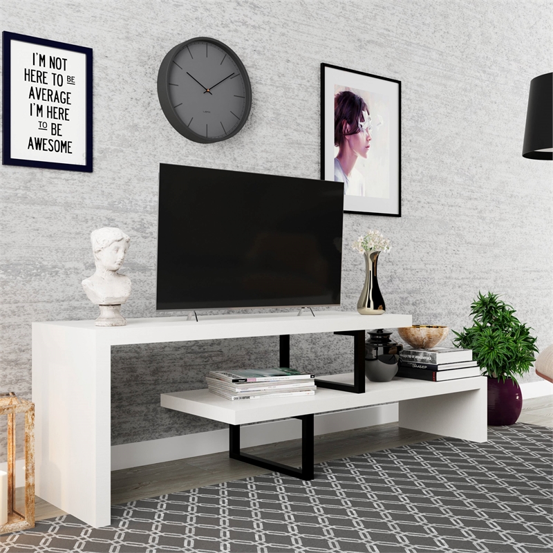 LeisureMod Orford TV Stand with Wood Shelves and Iron Legs White