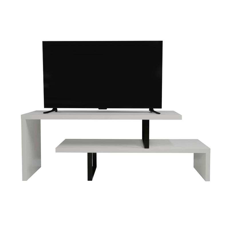 LeisureMod Orford TV Stand with Wood Shelves and Iron Legs White