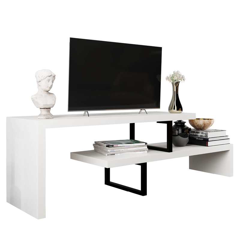 LeisureMod Orford TV Stand with Wood Shelves and Iron Legs White