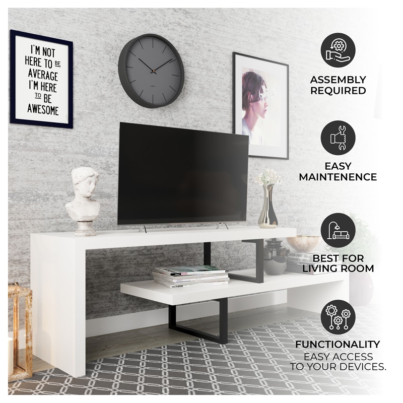 LeisureMod Orford TV Stand with Wood Shelves and Iron Legs White