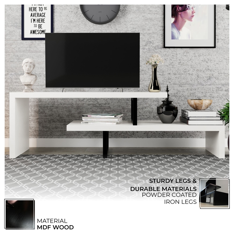 LeisureMod Orford TV Stand with Wood Shelves and Iron Legs White