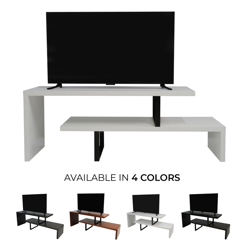 LeisureMod Orford TV Stand with Wood Shelves and Iron Legs White