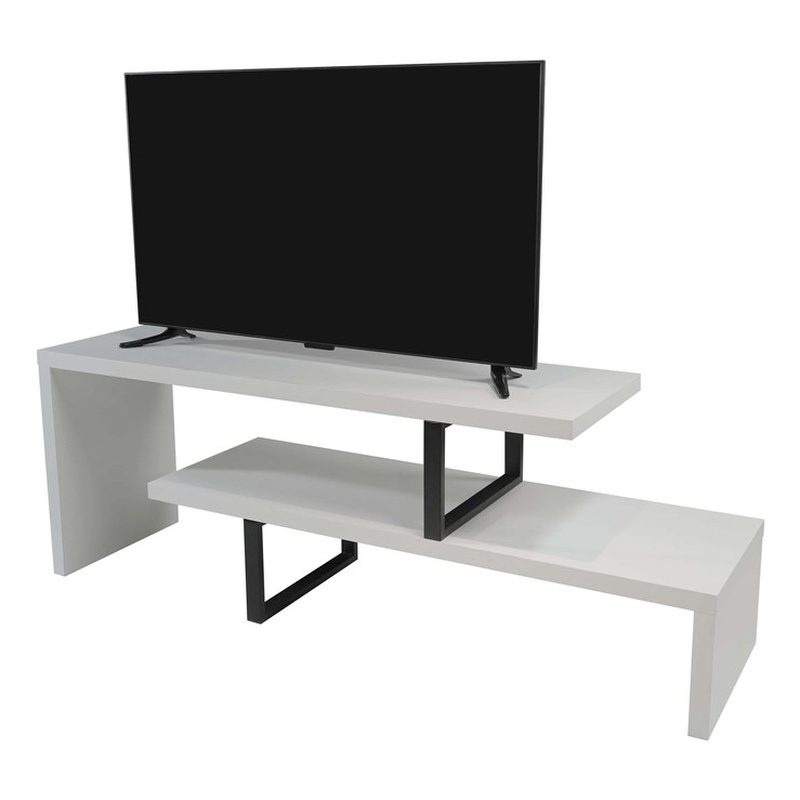 LeisureMod Orford TV Stand with Wood Shelves and Iron Legs White