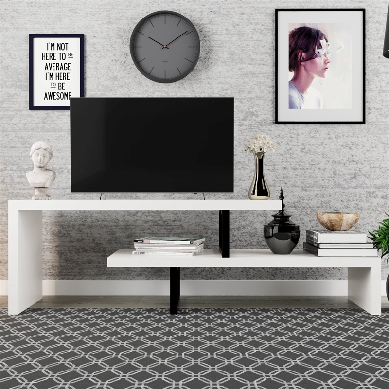 LeisureMod Orford TV Stand with Wood Shelves and Iron Legs White