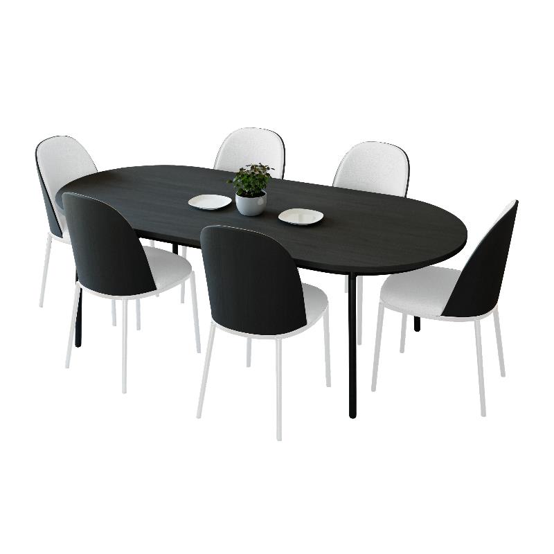 LeisureMod Tule 7-Piece Dining Set in White Steel Frame Black White