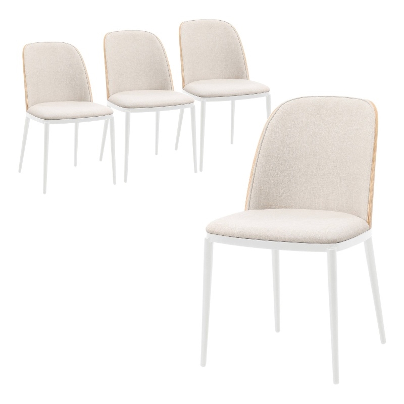 LeisureMod Tule 7-Piece Dining Set in White Steel Frame Natural Wood Beige