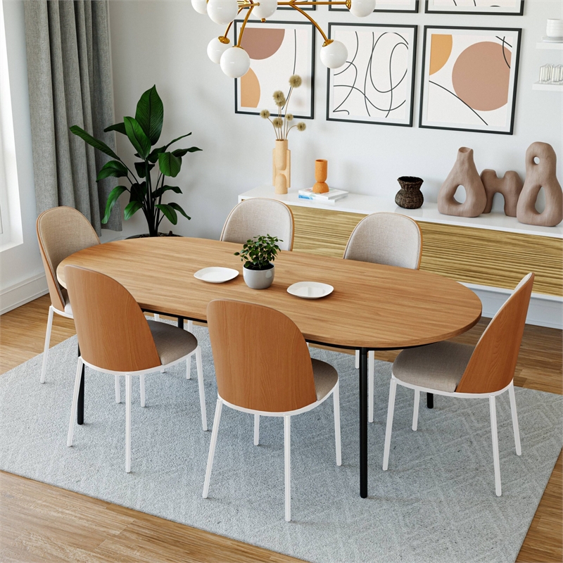 LeisureMod Tule 7-Piece Dining Set in White Steel Frame Natural Wood Beige