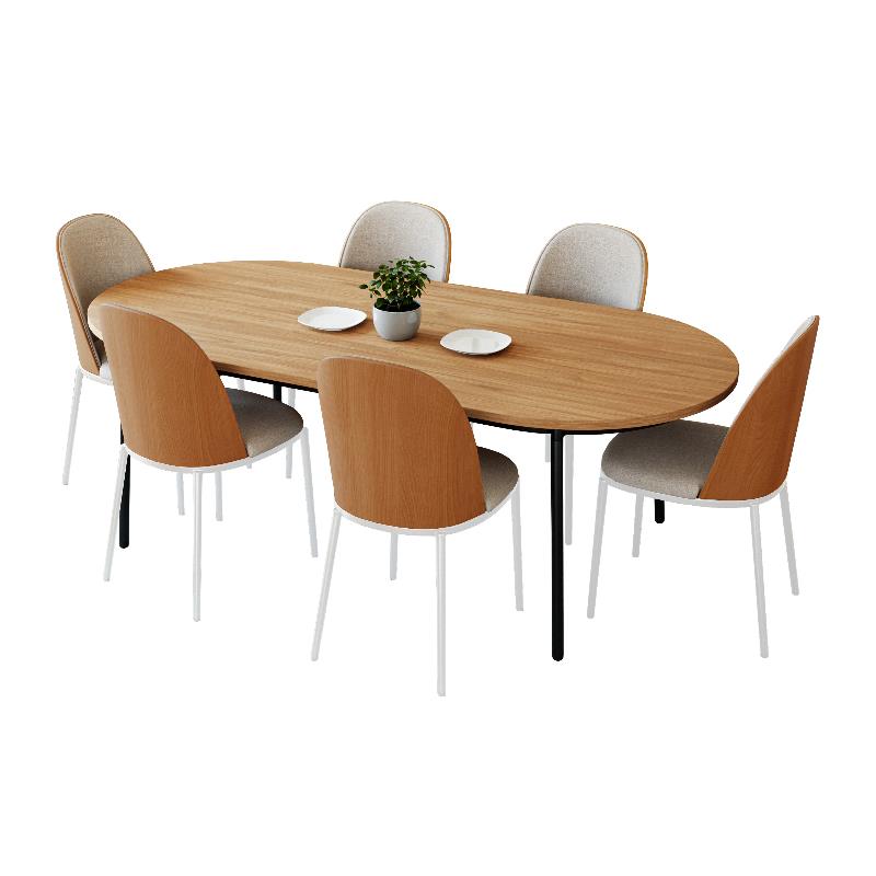 LeisureMod Tule 7-Piece Dining Set in White Steel Frame Natural Wood Beige