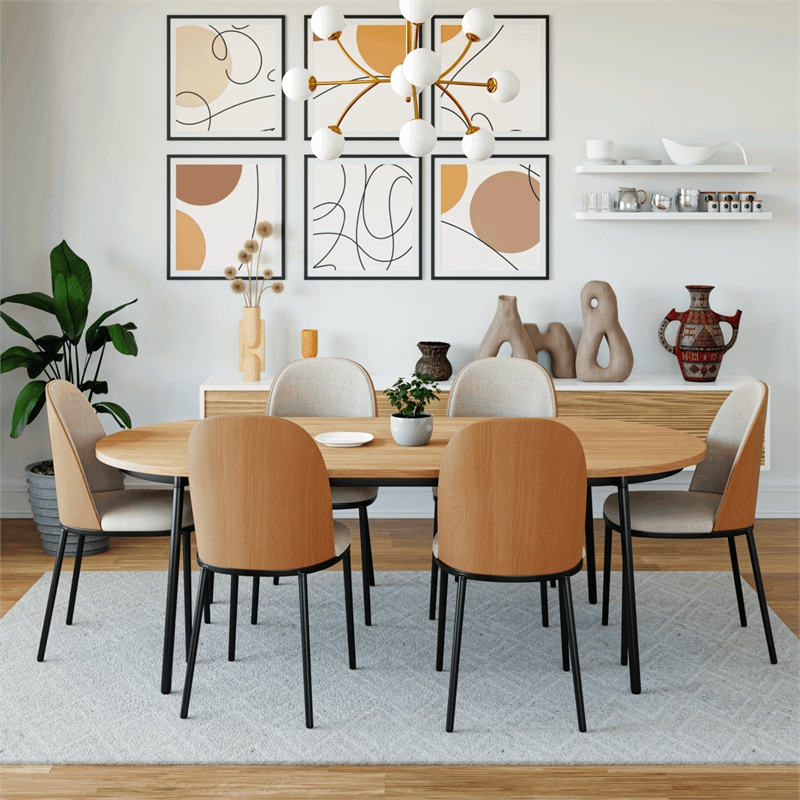 LeisureMod Tule 7-Piece Dining Set in White Steel Frame Natural Wood Brown