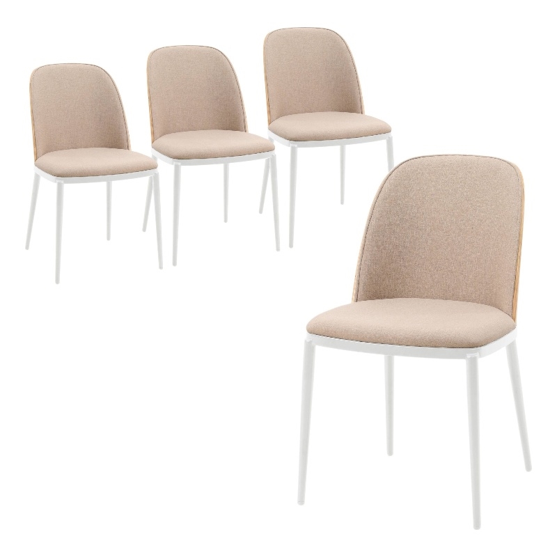 LeisureMod Tule 7-Piece Dining Set in White Steel Frame Natural Wood Brown