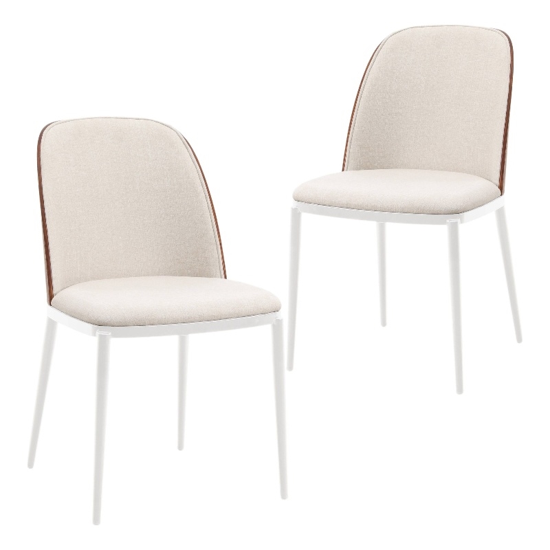 LeisureMod Tule 7-Piece Dining Set in White Steel Frame Walnut Beige