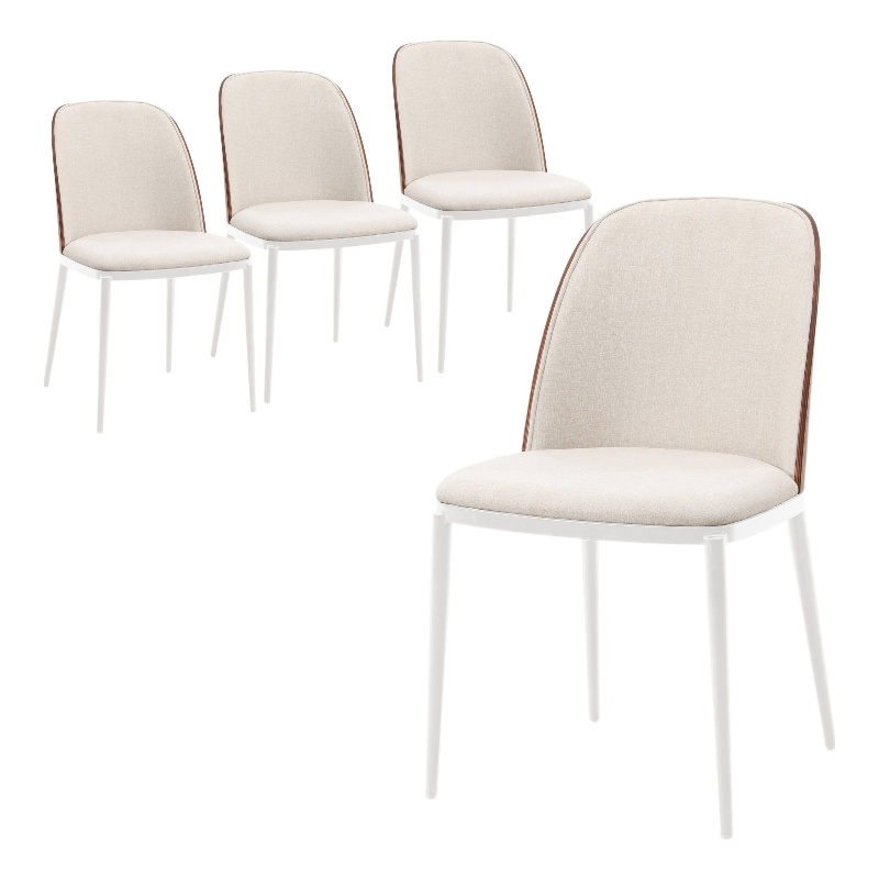 LeisureMod Tule 7-Piece Dining Set in White Steel Frame Walnut Beige