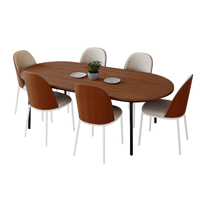 LeisureMod Tule 7-Piece Dining Set in White Steel Frame Walnut Beige