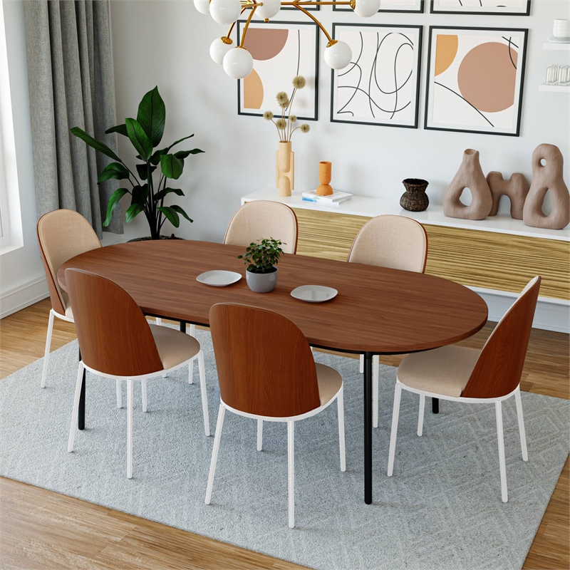 LeisureMod Tule 7-Piece Dining Set in White Steel Frame Walnut Light Brown