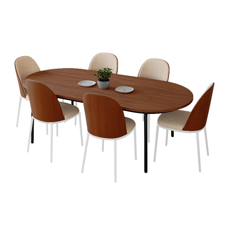 LeisureMod Tule 7-Piece Dining Set in White Steel Frame Walnut Light Brown