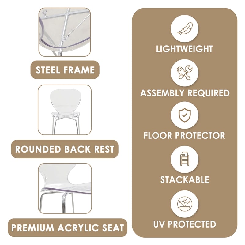 LeisureMod Oyster Plastic Barstool with Steel Frame in Chrome Finish Clear