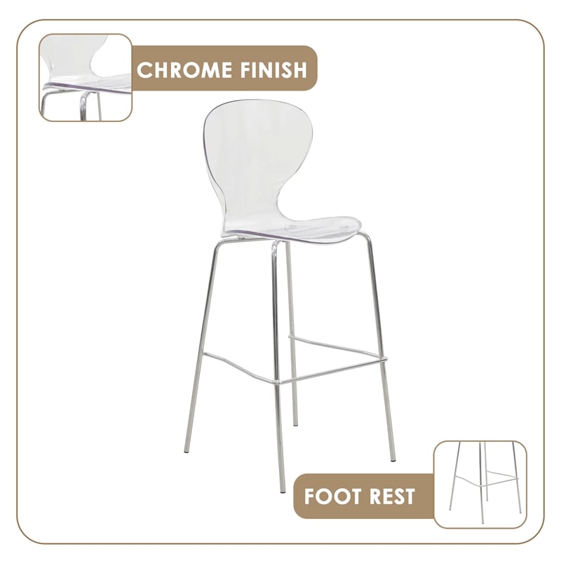 LeisureMod Oyster Plastic Barstool with Steel Frame in Chrome Finish Clear