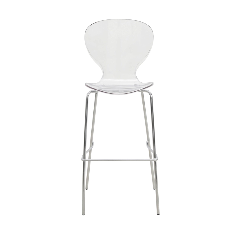 LeisureMod Oyster Plastic Barstool with Steel Frame in Chrome Finish Clear