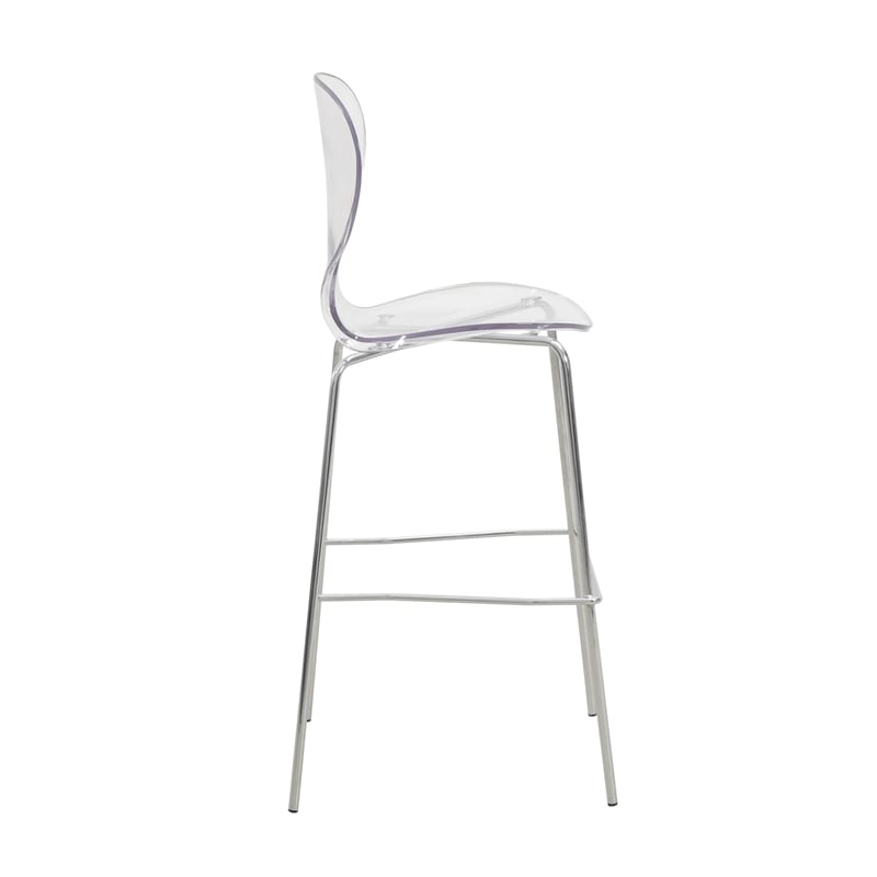 LeisureMod Oyster Plastic Barstool with Steel Frame in Chrome Finish Clear