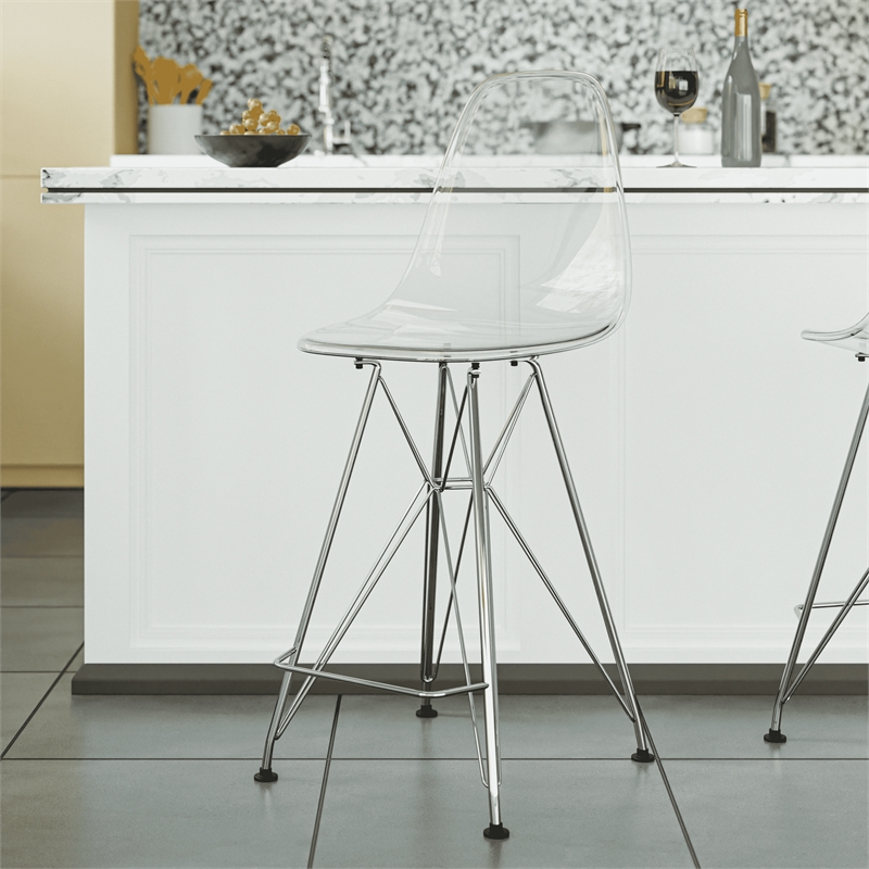 LeisureMod Cresco Plastic Barstool with Chrome Base Clear