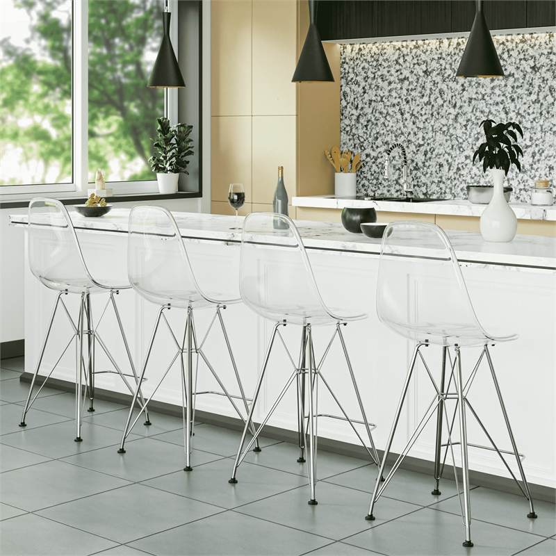 LeisureMod Cresco Plastic Barstool with Chrome Base Clear