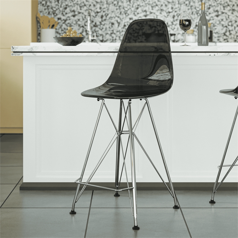 LeisureMod Cresco Plastic Barstool with Chrome Base Transparent Black