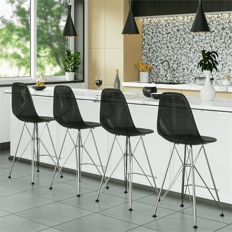 LeisureMod Cresco Plastic Barstool with Chrome Base Transparent Black