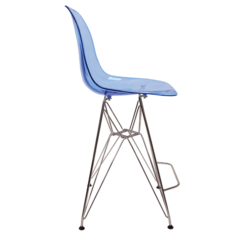 LeisureMod Cresco Plastic Barstool with Chrome Base Transparent Blue