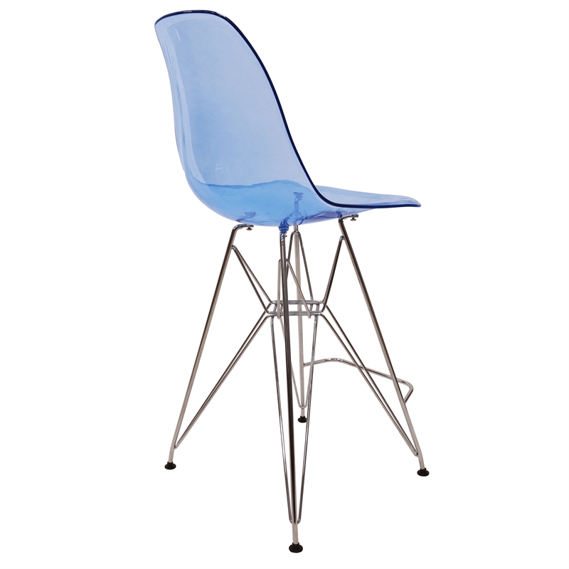 LeisureMod Cresco Plastic Barstool with Chrome Base Transparent Blue