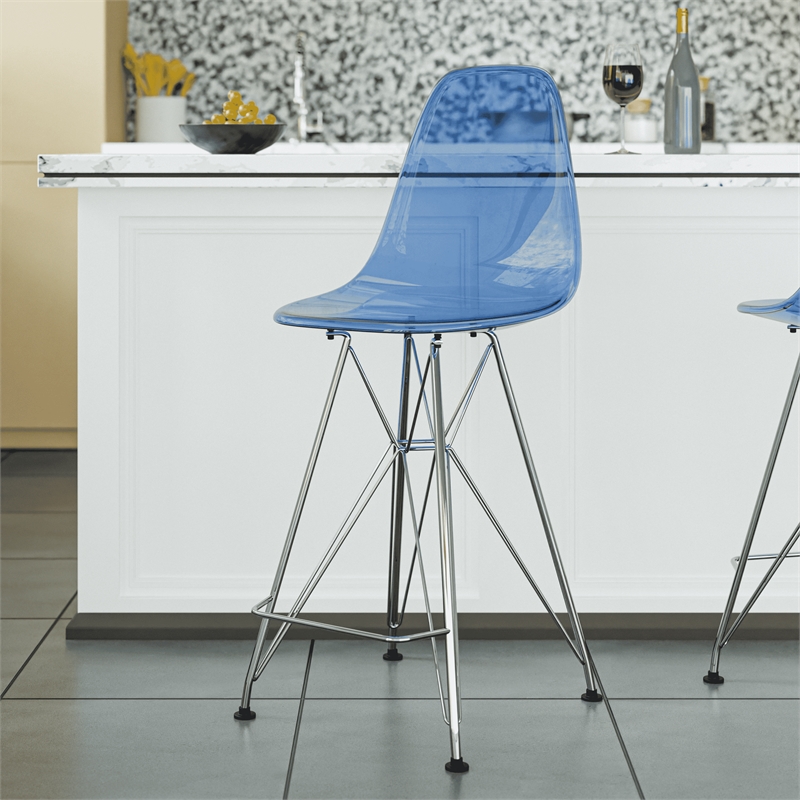 LeisureMod Cresco Plastic Barstool with Chrome Base Transparent Blue