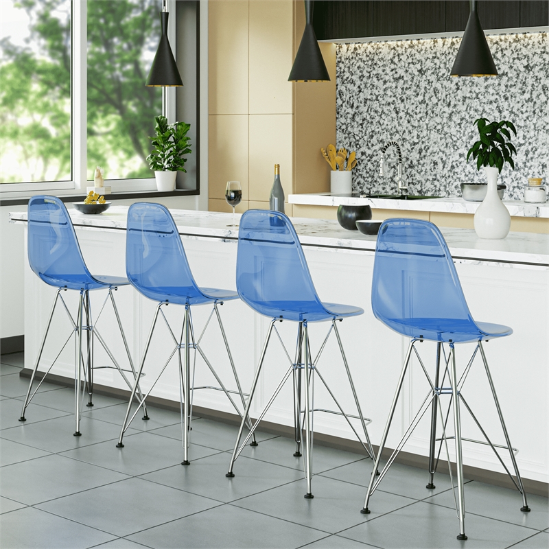 LeisureMod Cresco Plastic Barstool with Chrome Base Transparent Blue