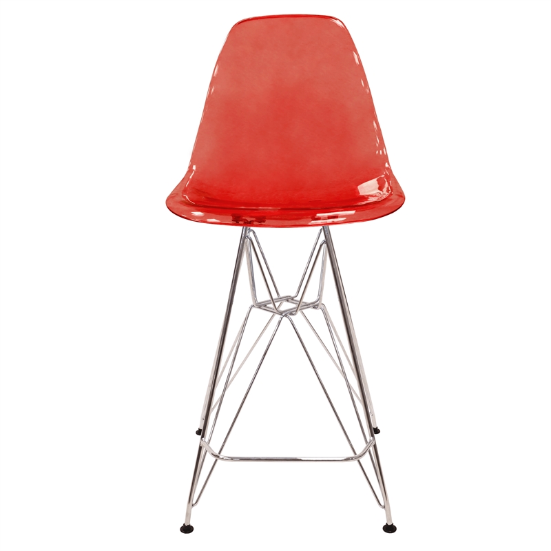 LeisureMod Cresco Plastic Barstool with Chrome Base Transparent Red