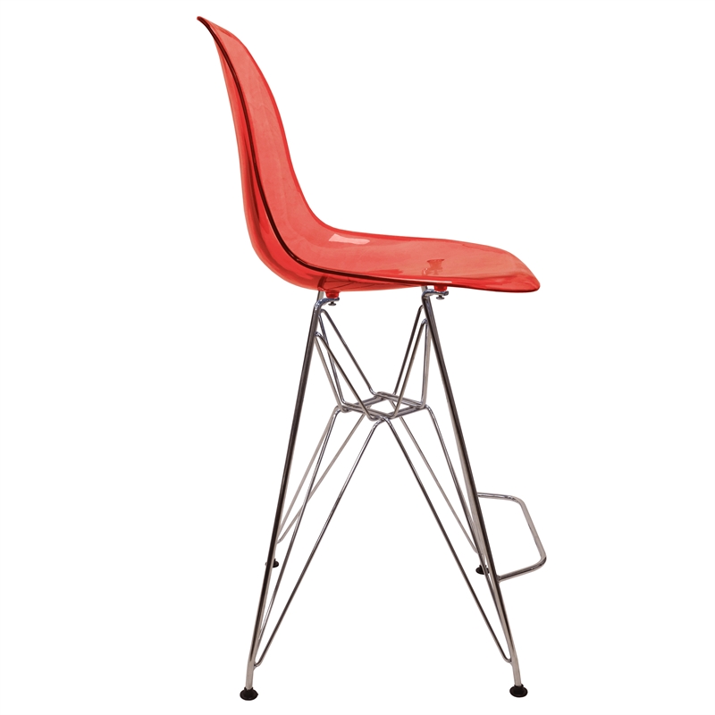 LeisureMod Cresco Plastic Barstool with Chrome Base Transparent Red